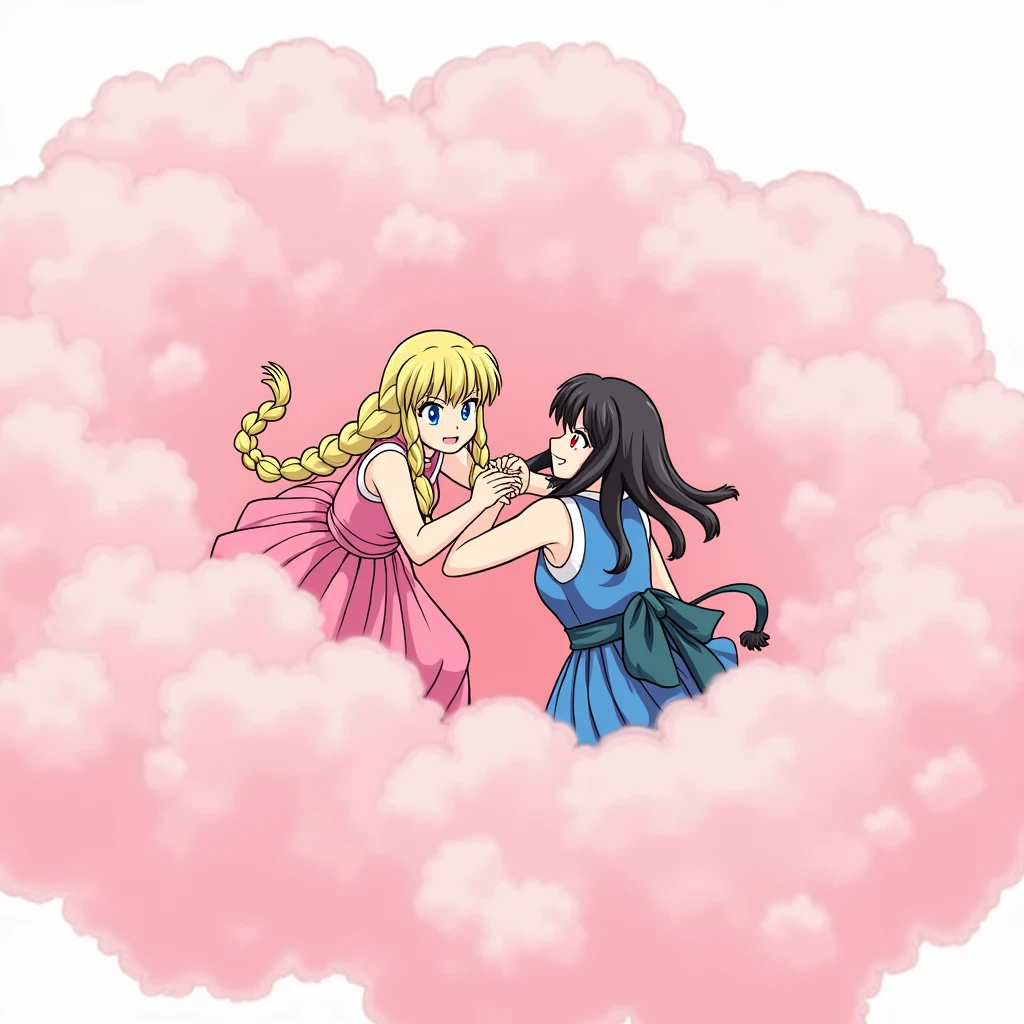 An anime-style illustration depicting princess and lady playfully wrestling with each other inside a pink comical fight cloud (dust cloud).
one princess with blonde braided and blue-eyes and pink-dress, and one lady with black long hiar and red-eyes and blue sleeveless-kimono.
their faces,hands,and feet are visible emerging from the cloud as they tussle humorously,  with the rest of their bodies completely hidden inside the cloud.
the illustration emphasizes the humorous and energetic nature of their scuffle,with a fluffy  and exaggerated fight cloud.