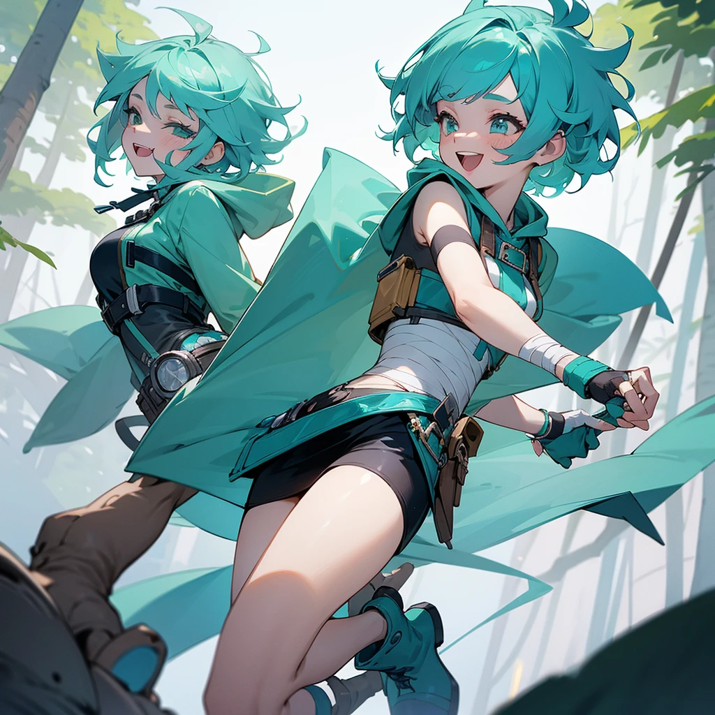 woman, female, delightful, Azure hair, short hair, curly, medium hair, aqua hair, aqua eyes, pale skin, glamorous, hoodie, mini skirt, long boots, belt, waist bag, with a scar, with a bandage, gloves, hood, fantasy, Solo, laughing, happy, wink, outside, in the forest