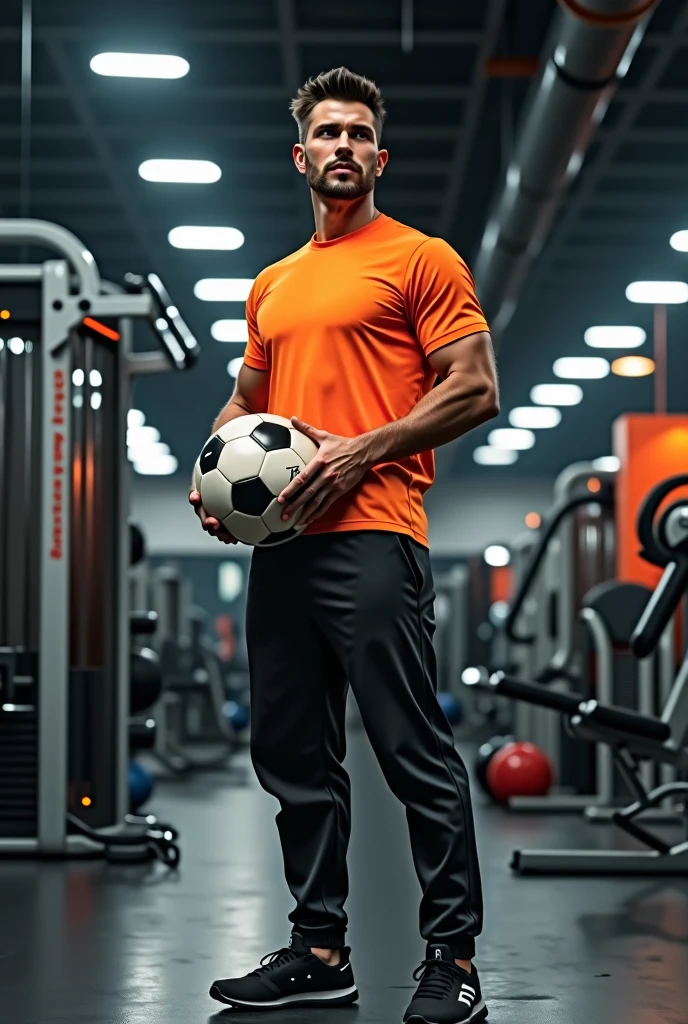 a man wearing black pants and orange shirt ,standing in front of fitness equipment inside a shop, looking ahead, holding a soccer ball, photorealistic, dynamic lighting, highly detailed, 8k, best quality