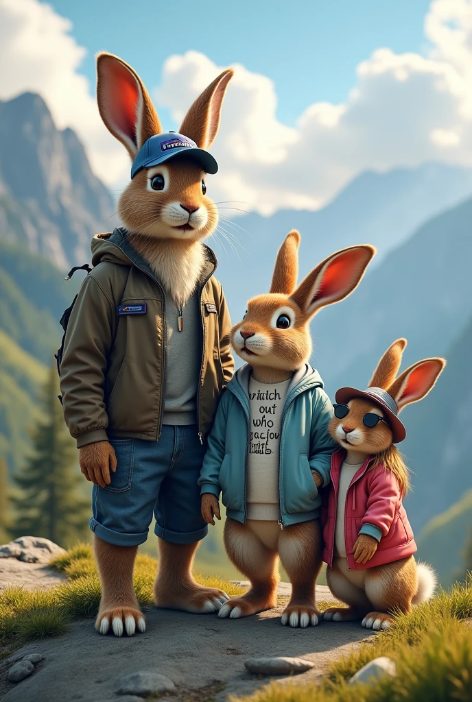 create FOUR rabbits on a mountain in Berchtesgaden that should look like this:
1. the Firste and largest rabbit is male and wears a cap from Patagonia.
2 the second rabbit is also male and a bit smaller than the first. He wears a hoodie that says "watch out who you love".
3 The third rabbit is female and a bit smaller than rabbit two, with sunglasses and long blonde hair.
4 The fourth and smallest rabbit is also female and wears a sun hat and has red hair.