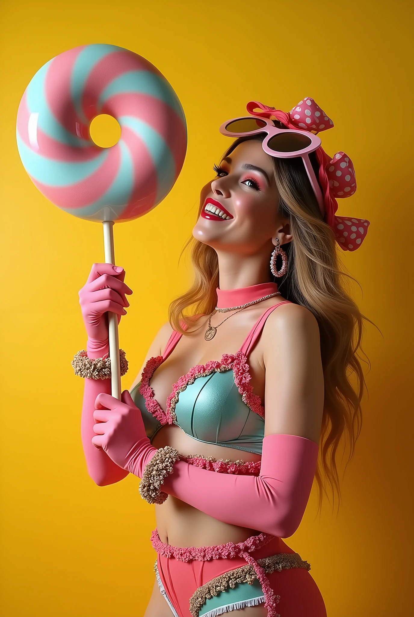 A playful woman holds a large candy and grins mischievously, her pose exaggerated. She is wearing a unique and colorful outfit with oversized accessories, giving her a strange and fun look, the candy though large, is designed in a cute and almost toy-like style, adding to the playful and cheerful feel of the scene. The background is bright and cheerful, adding to the overall playful atmosphere. very realistic, studio lighting, sexy, big boobs, naughty, cinematic