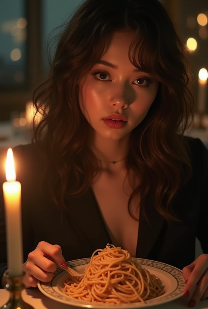 girl with long brown hair , black light eyes, with sexy look , and a cut on the lip , hyper detailed photography , soft light, portrait, realist, full body dinner in fashion clothes eating spaghetti
