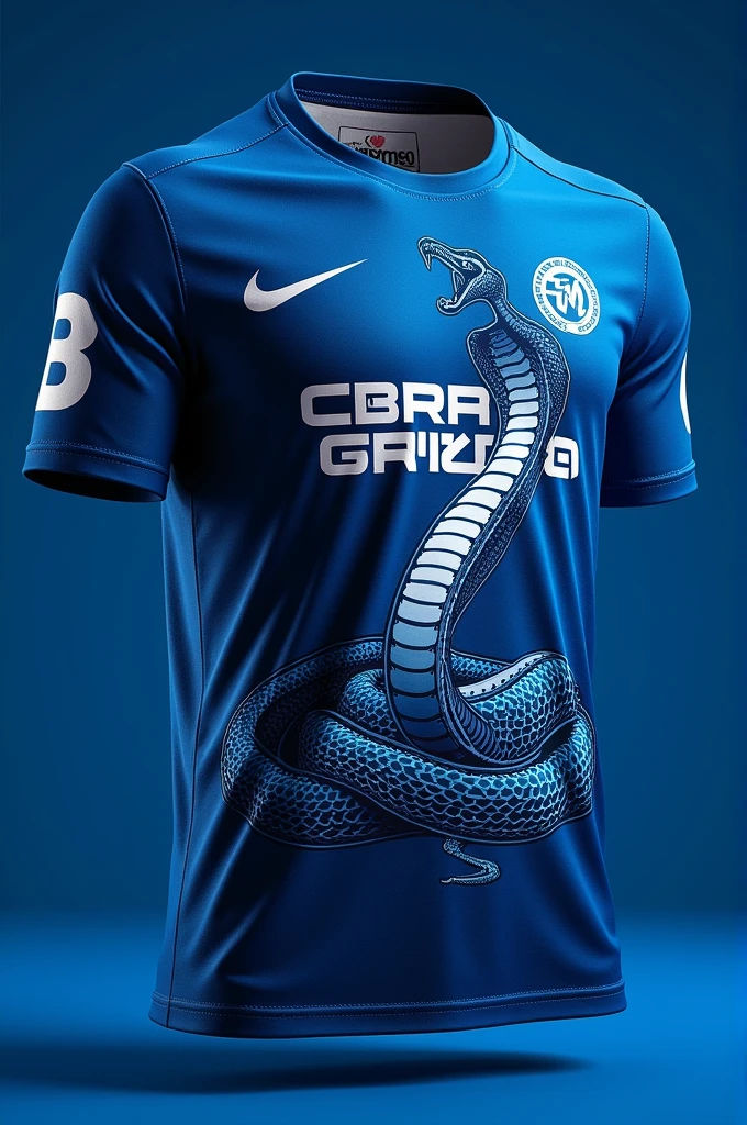 The front side of the T-shirt:  Basic background: Blue background, which symbolizes the blue cobra style. logo: Large club logo "Cobra Gniezno" in the center or slightly above the center. Graphics: Illustration of a blue cobra, perhaps, with an integrated football element or in the form of a club emblem. The back of the T-shirt :  Basic background: The same blue background, as in the front, for the unity of style. number: Large white or contrasting number 8 on the back