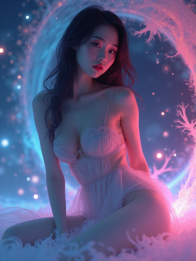 8k Beautiful Naked Asian Woman With big , on the space with a Neon Colors behind