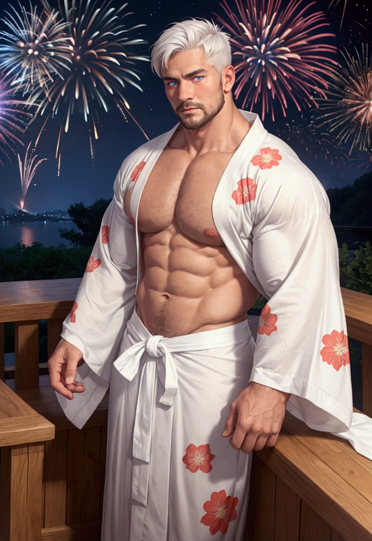 Highest quality、Midsummer evening、Short Hair、Sports haircut、Big macho man、A muscular man wearing a yukata watching fireworks on the veranda、Lonely face、Pectoralis major、Abdominal muscles、Brown skin、Blue Eyes、White Hair