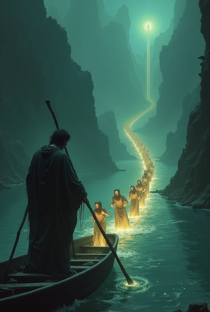 A boatman on the river Styx, in the Underworld, drags chains made of luminous souls. Each link is a figure in agony, representing damned souls who are trapped in an endless cycle of suffering as they navigate their way to their final destination..