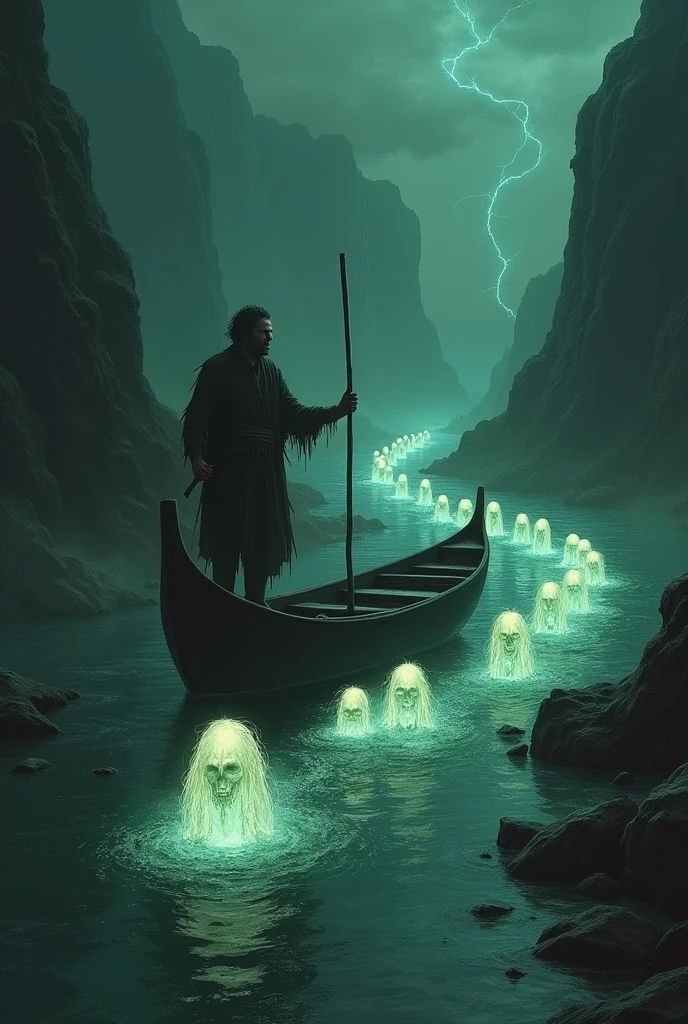 A boatman on the river Styx, in the Underworld, drags chains made of luminous souls. Each link is a figure in agony, representing damned souls who are trapped in an endless cycle of suffering as they navigate their way to their final destination..