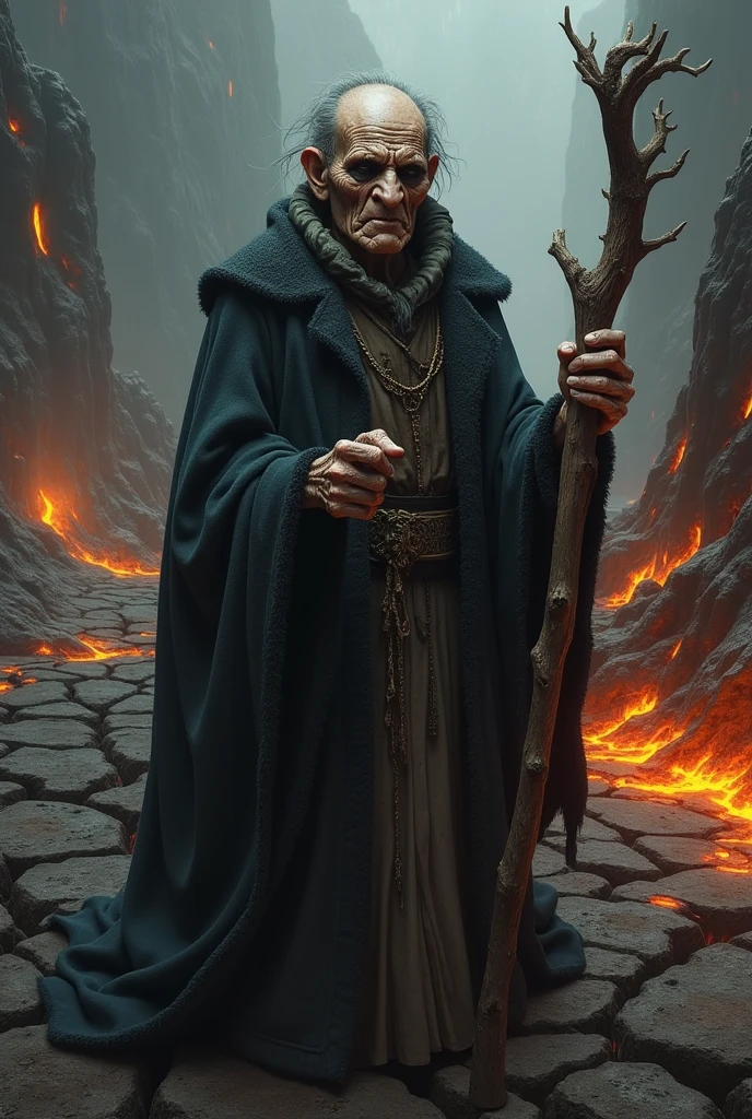 Surrealism, very wrinkled face, statue, cracks, very old sorceress with stick, black eyes, lava, powerful