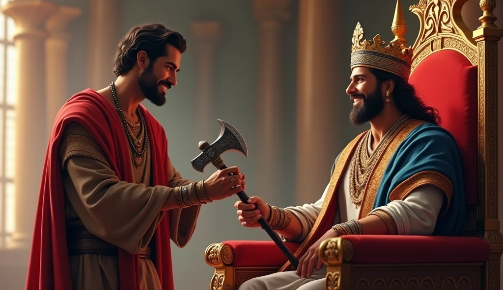 Ramoo presenting the silver axe to the king in the palace. The king appears pleased and appreciative, while Ramoo stands humbly in front of him.