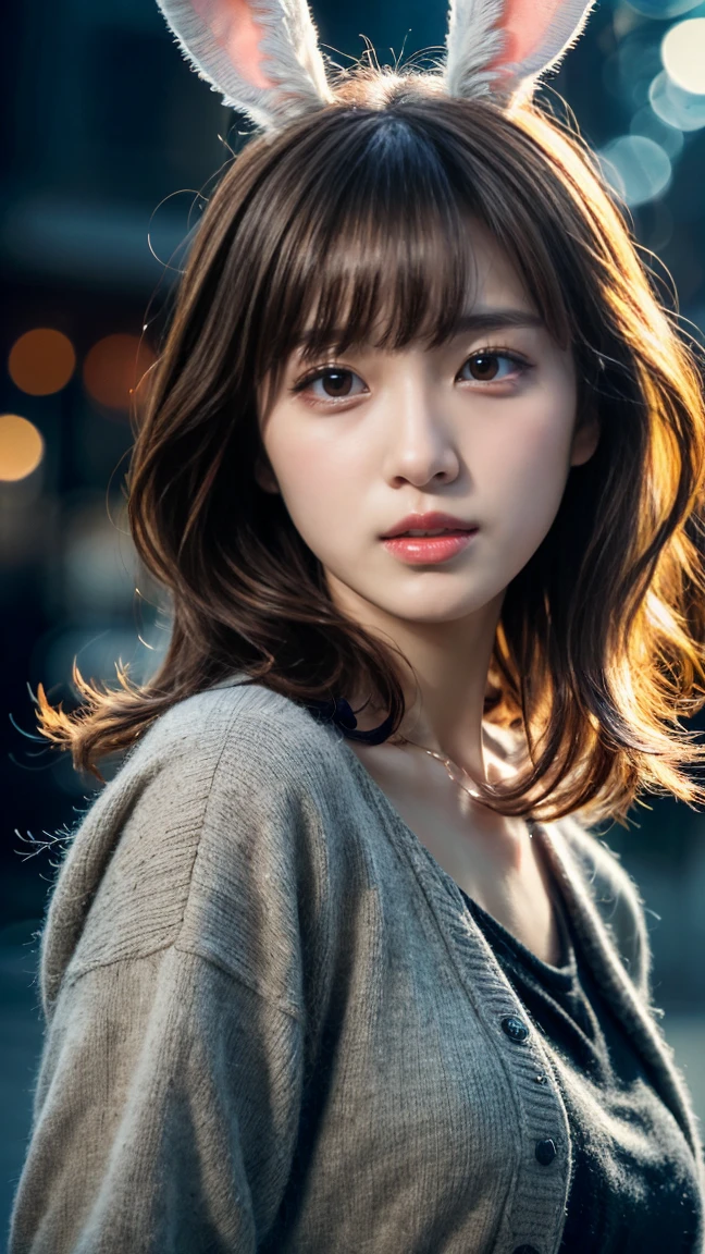 masterpiece, Highest quality, figure, Very detailed, The finer details, High resolution, 8k,wallpaper, Perfect dynamic composition,(Detailed high quality, Realistic depiction of eyes:1.3), (Wavy Hair:1.2), Super high quality glossy lip、Rabbit ears grew、Casual Fashion、Bunny Girl、20-year-old