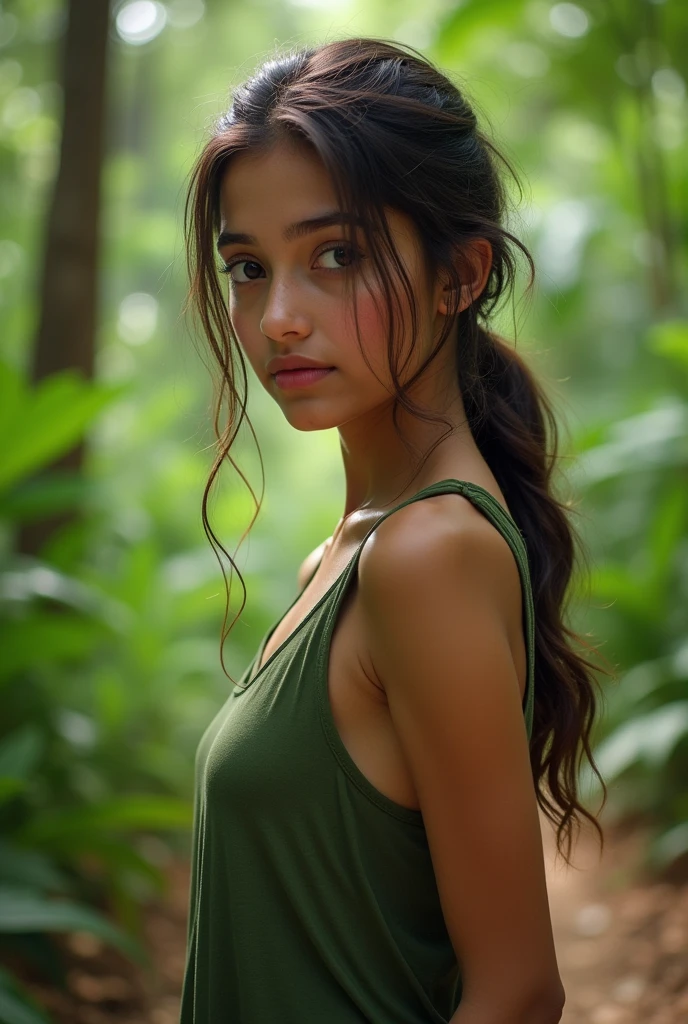 A 17 year old white skin tone Indian girl is posing in a natural trail in a jungle , she is wearing a loose green tank top tucked in her jeans , Her brown hair is tied in such a way that only 2 loose strands are falling on the either side of her face , shot with 85mm lens for ultra realistic image perspective, ultra bokeh mode , pretty cute girl , laughing shyly , blushing , sweaty