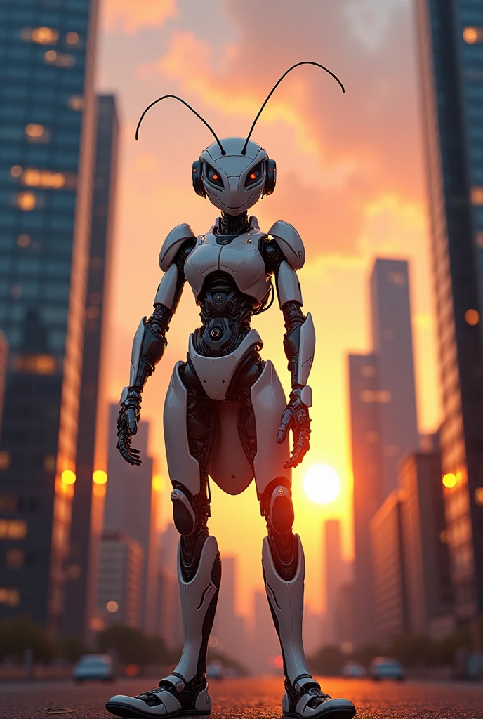 fire ant in white glossy cyborg costume standing between sky scrapers at sunset