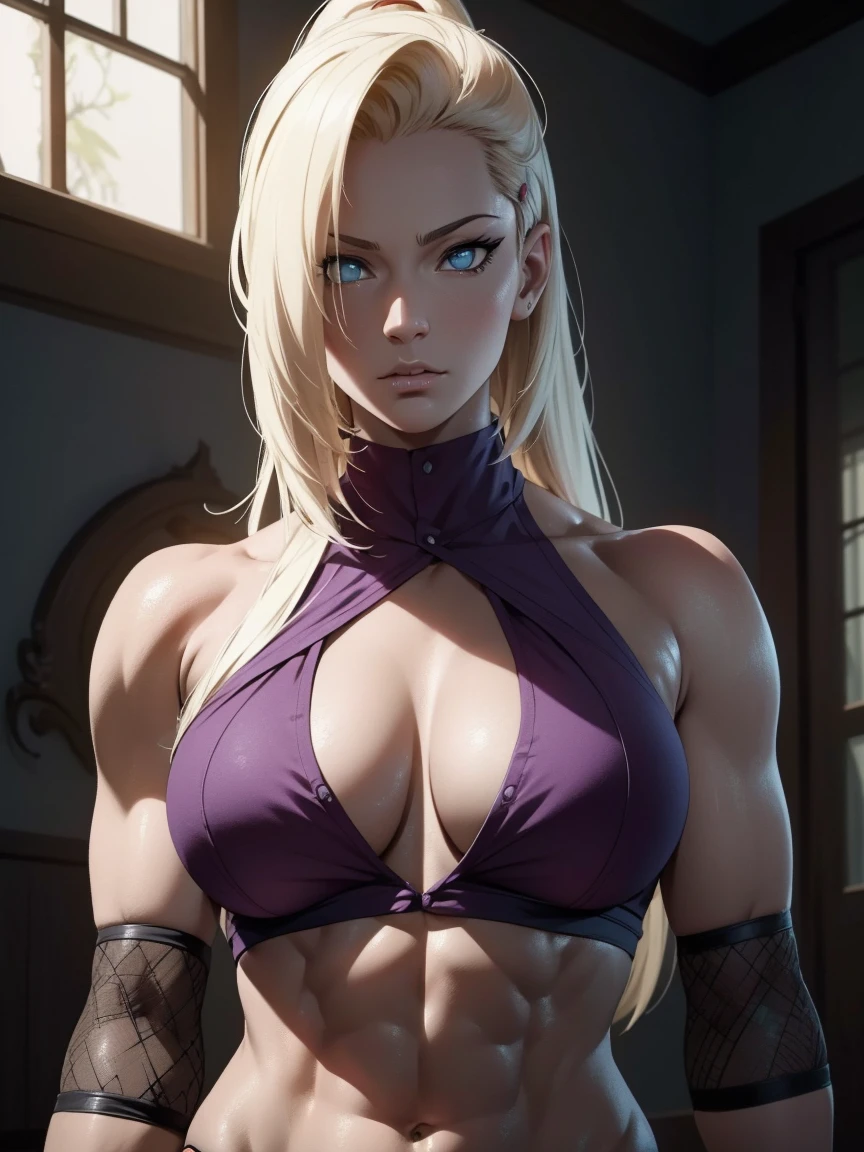 a muscular futanari with a big dick, six pack abs, ripped body, and large breasts, (best quality,4k,8k,highres,masterpiece:1.2),ultra-detailed,(realistic,photorealistic,photo-realistic:1.37),intricate details,highly detailed face and eyes,extremely detailed skin and muscles,detailed sarada uchiha character,hyper detailed and realistic,dark fantasy,dramatic lighting,cinematic composition