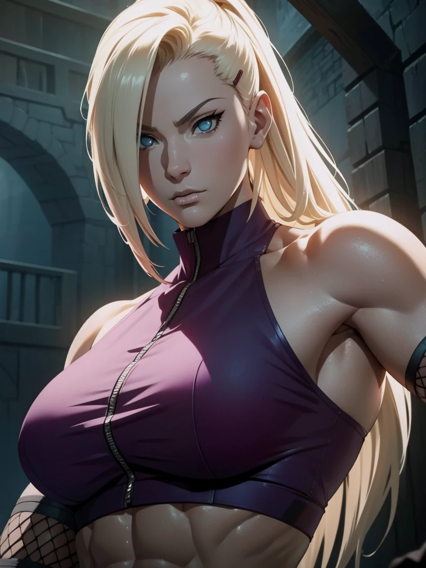a muscular futanari with a big dick, six pack abs, ripped body, and large breasts, (best quality,4k,8k,highres,masterpiece:1.2),ultra-detailed,(realistic,photorealistic,photo-realistic:1.37),intricate details,highly detailed face and eyes,extremely detailed skin and muscles,detailed sarada uchiha character,hyper detailed and realistic,dark fantasy,dramatic lighting,cinematic composition