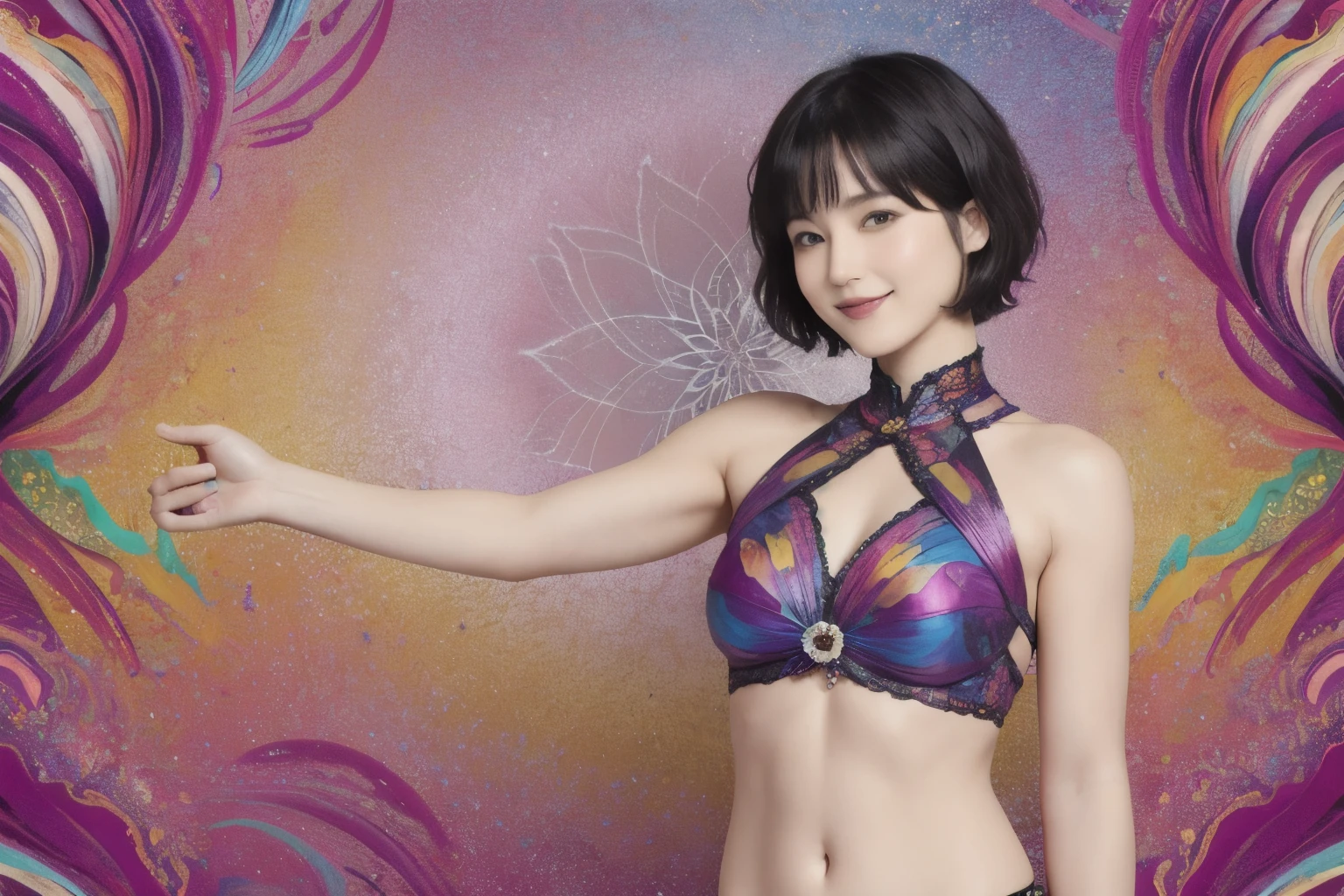 275 (20-year-old woman,Short Hair), (aesthetic:1.1), (Fractal Art:1.2), (flower), whole body, (Abstract background:1.3), (Many colors:1.4), (Archaic Smile), Abdominal muscles, (Wave)