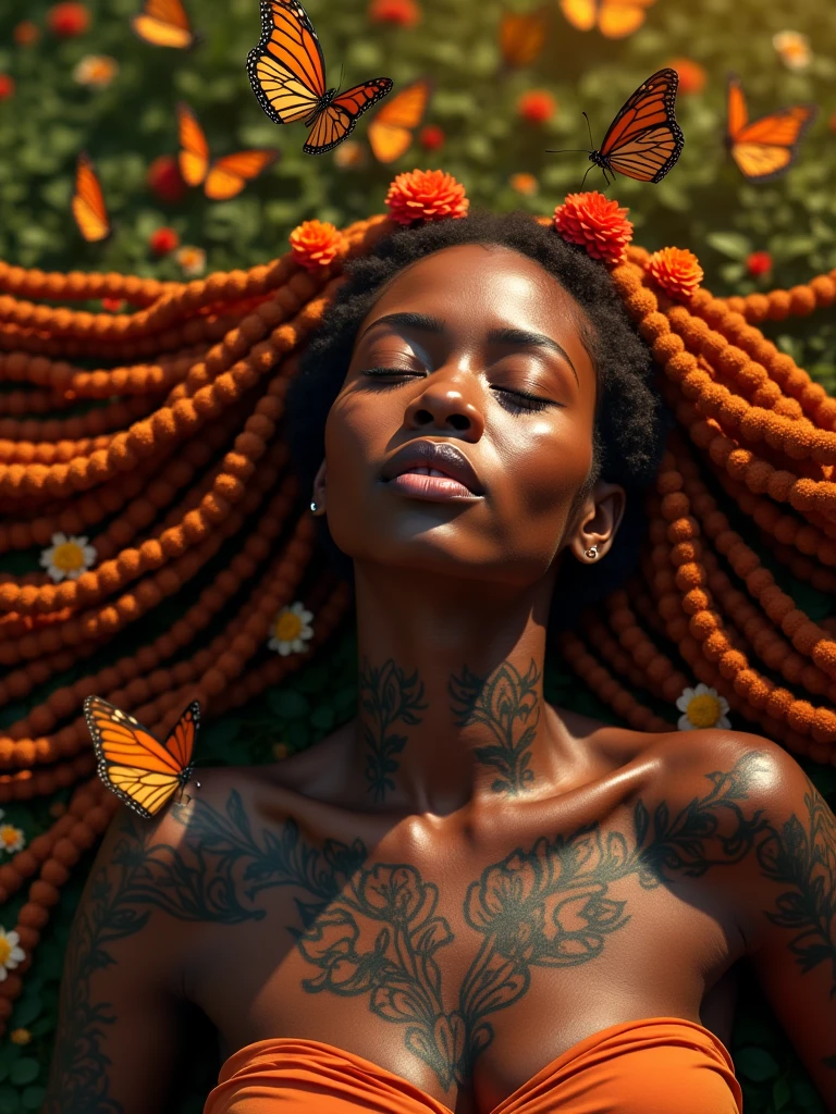 A captivating and mesmerizing image of a stunning Ebony woman adorned with intricate tattoos and surrounded by vibrant Monarch butterflies. Her long, ginger-colored dreads, adorned with delicate flowers, frame her face as she rests gracefully. The scene embodies natural beauty and serenity, showcasing a harmonious fusion of cultures and aesthetics. Her ebony skin provides a perfect canvas for the elaborate tattoos inspired by traditional African art forms, while the butterflies create a mesmerizing spectacle of movement and color. The warm, golden light casts a soft glow, highlighting the beauty of her tattoos and the intricate details of the butterflies. This enchanting image is a celebration of diverse beauty, blending elements of nature, culture, and artistry into a breathtaking masterpiece that captivates the imagination.