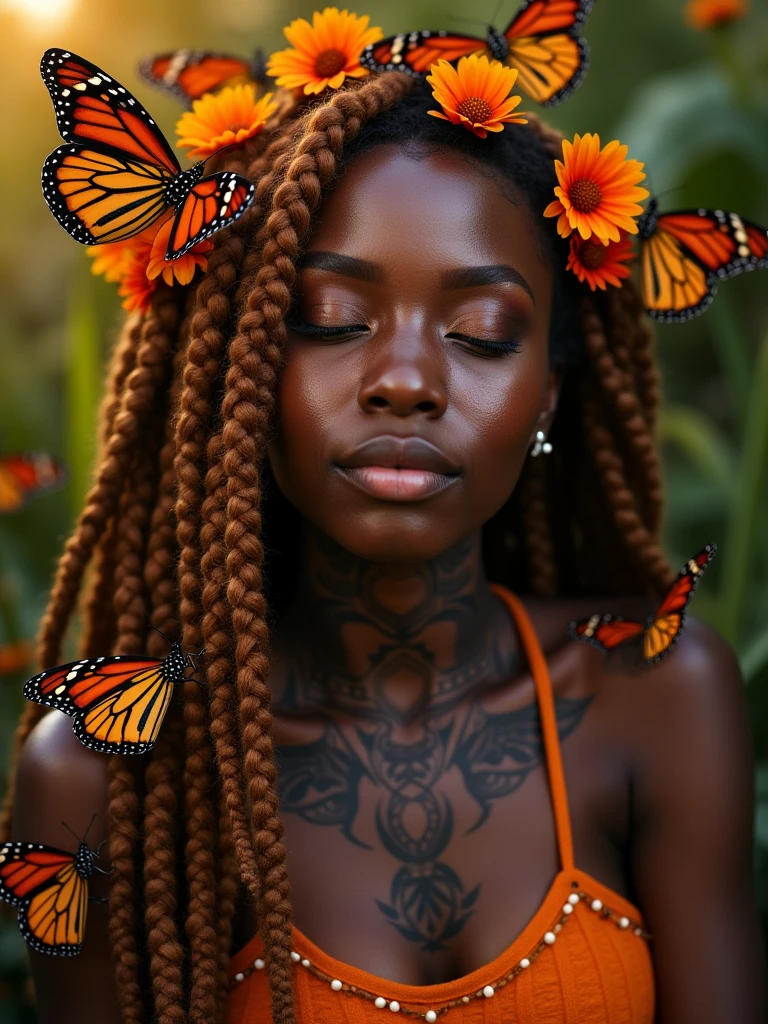 A captivating and mesmerizing image of a stunning Ebony woman adorned with intricate tattoos and surrounded by vibrant Monarch butterflies. Her long, ginger-colored dreads, adorned with delicate flowers, frame her face as she rests gracefully. The scene embodies natural beauty and serenity, showcasing a harmonious fusion of cultures and aesthetics. Her ebony skin provides a perfect canvas for the elaborate tattoos inspired by traditional African art forms, while the butterflies create a mesmerizing spectacle of movement and color. The warm, golden light casts a soft glow, highlighting the beauty of her tattoos and the intricate details of the butterflies. This enchanting image is a celebration of diverse beauty, blending elements of nature, culture, and artistry into a breathtaking masterpiece that captivates the imagination.