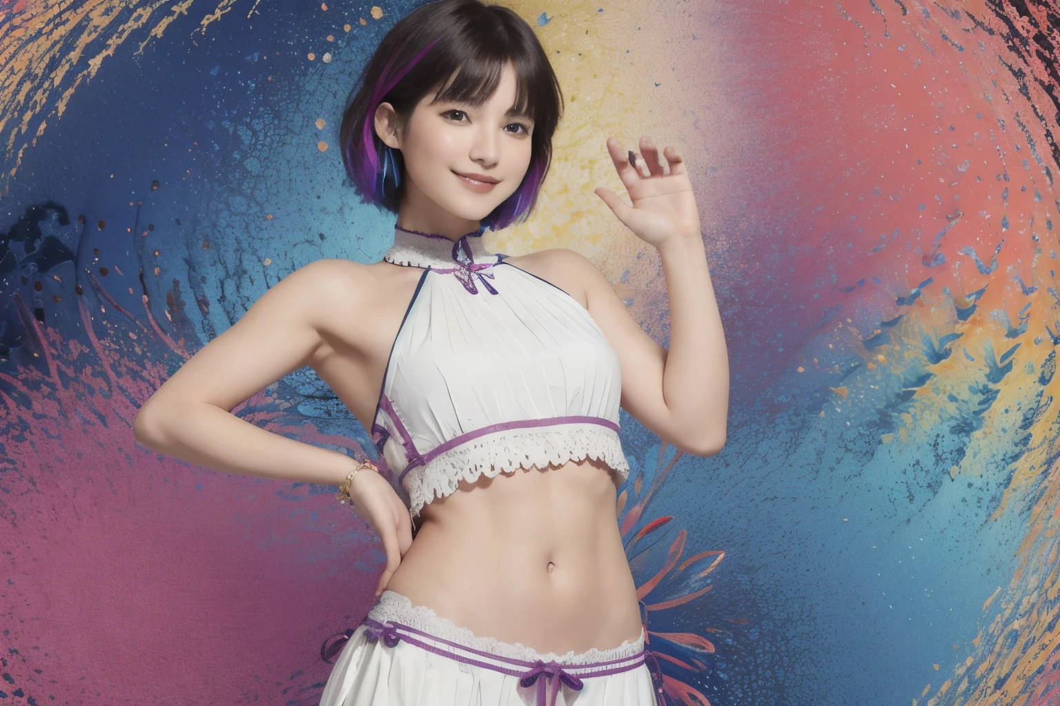 275 (20-year-old woman,Short Hair), (aesthetic:1.1), (Fractal Art:1.2), (flower), whole body, (Abstract background:1.3), (Many colors:1.4), (Archaic Smile), Abdominal muscles, (Wave)