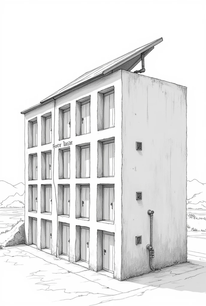 Make a sketch of a concrete house with many doors like a boarding house with , solar panel at the rooftop and a pipe to catch rain water