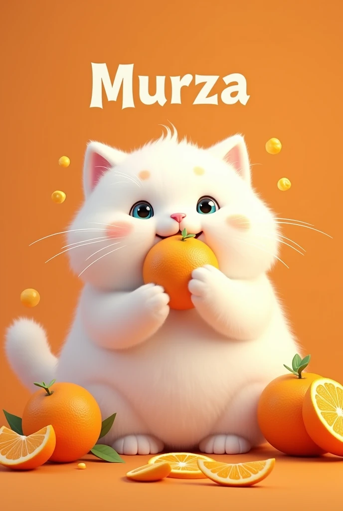 White fluffy cat in tangerines, who eats tangerines, with the inscription Murza