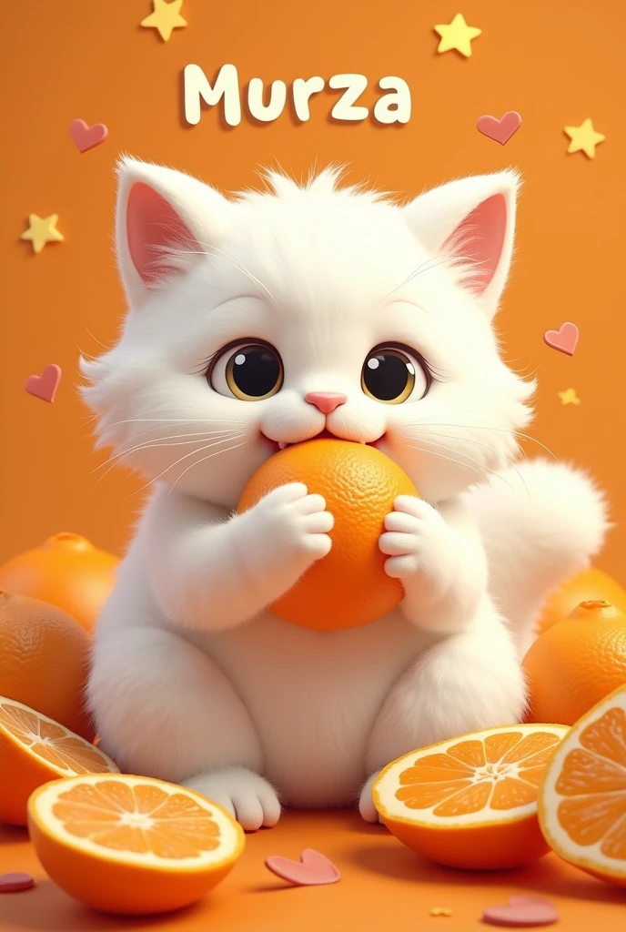 White fluffy cat in tangerines, who eats tangerines, with the inscription Murza