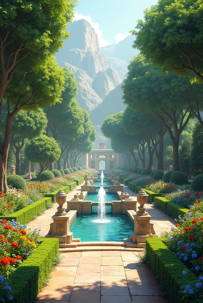 The Royal Gardens, meticulously designed, a harmonious combination of nature and landscaping, colorful flowers, neatly trimmed bushes, Water fountains gently gush