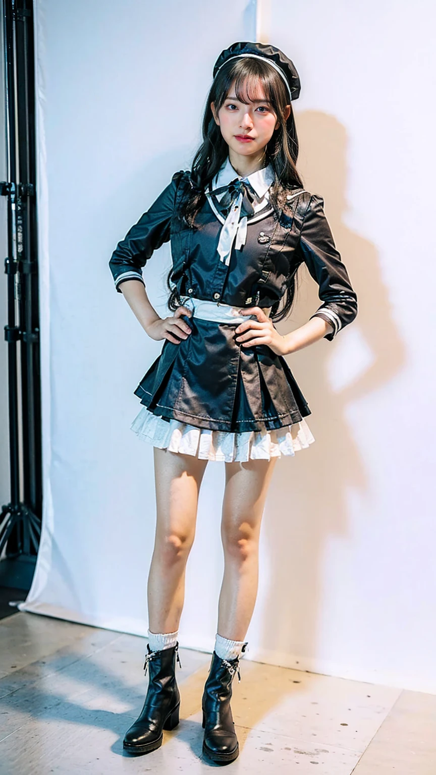 (8k、RAW Photos、Highest quality、masterpiece:1.2)、(Realistic、Realistic)、1 person、((View from the front、Black and white、Looking into the camera、check、boots、mini skirt、High school uniform、、Standing with one hand on hip、Frills、))、cute