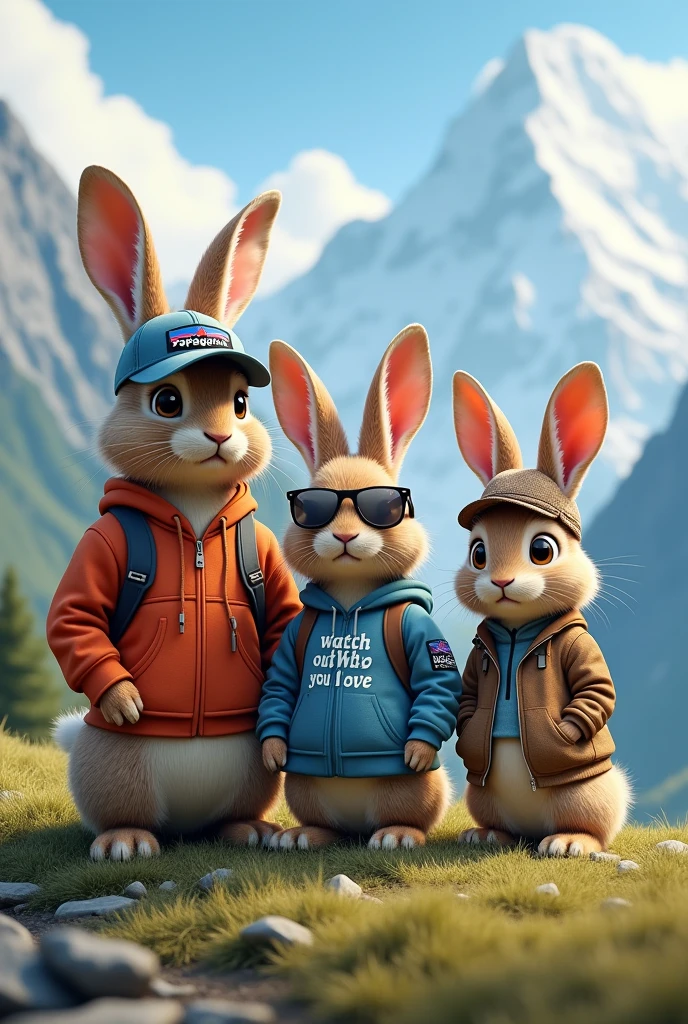 create FOUR rabbits on a mountain in Berchtesgaden that should look like this:
1. the Firste and largest rabbit is male and wears a cap from Patagonia.
2 the second rabbit is also male and a bit smaller than the first. He wears a hoodie that says "watch out who you love".
3 The third rabbit is female and a bit smaller than rabbit two, with sunglasses and long blonde hair. The fourth and smallest rabbit is also female and wears a sun hat and has red hair.