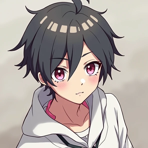 bangs, Droopy eyes, Three white eyes, Black Hair, 斜めbangs, Natural Curl, Inner Color, Very short hair, Simple Background, Background Blur, Japanese illustration style, male,Mash Hair,Pink Eyes,Collar hair,ピンク色のInner Color,ピンクのCollar hair,Pink nape,male性俯瞰, A series of character actions,