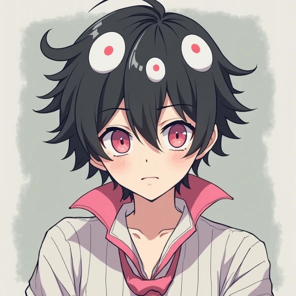bangs, Droopy eyes, Three white eyes, Black Hair, 斜めbangs, Natural Curl, Inner Color, Very short hair, Simple Background, Background Blur, Japanese illustration style, male,Mash Hair,Pink Eyes,Collar hair,ピンク色のInner Color,ピンクのCollar hair,Pink nape，male性俯瞰, A series of character actions, 