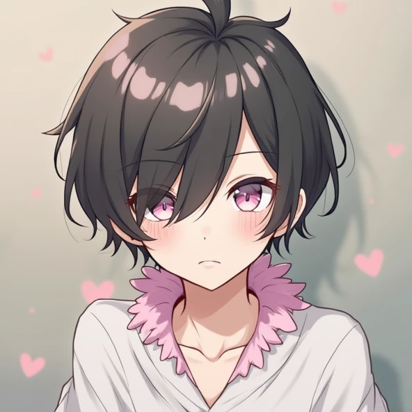 bangs, Droopy eyes, Three white eyes, Black Hair, 斜めbangs, Natural Curl, Inner Color, Very short hair, Simple Background, Background Blur, Japanese illustration style, male,Mash Hair,Pink Eyes,Collar hair,ピンク色のInner Color,ピンクのCollar hair,Pink nape,male性俯瞰, A series of character actions,
