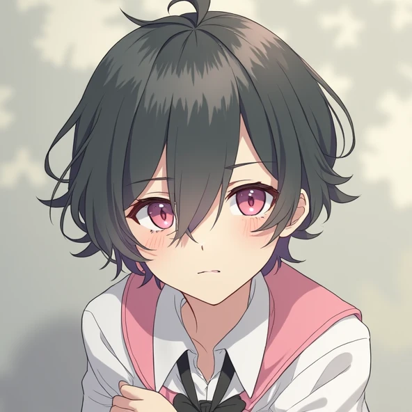bangs, Droopy eyes, Three white eyes, Black Hair, 斜めbangs, Natural Curl, Inner Color, Very short hair, Simple Background, Background Blur, Japanese illustration style, male,Mash Hair,Pink Eyes,Collar hair,ピンク色のInner Color,ピンクのCollar hair,Pink nape,male性俯瞰, A series of character actions,