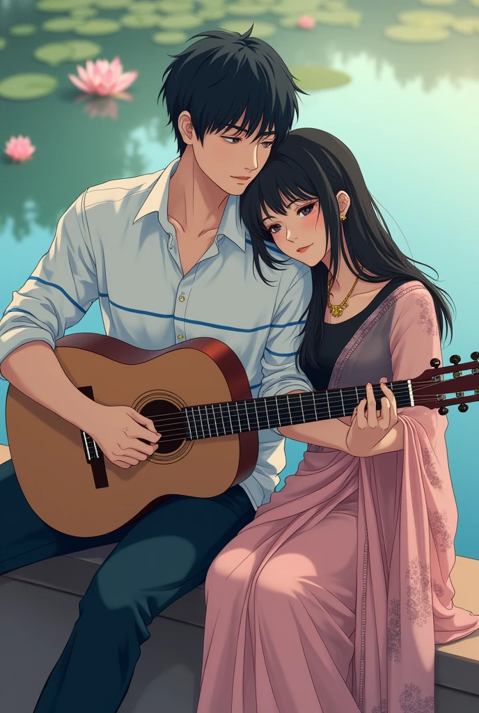 (Photo of backside) (anime photo) A man and woman sitting next to a lake, man playing guitar, woman wearing baby pink georgette shari, printed shari,black blouse, long hair, woman's head on man's shoulder, man wearing a white shirt with thin horizontal blue stripe, lotus in lake