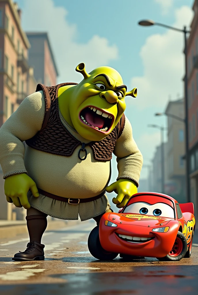 Crée moi une image de Shrek qui fait une diarrhée sur Flash McQueen