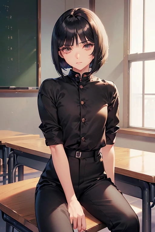 (((1 girl))),(((sitting on school chair))),((abs,muscular girl,biceps)),(()),[Bishojo],long legs,long arms,((((((solo)))))),((((flat chest)))),(((((over shirts,black gakuran,black long pants))))),((((dark brown hair)))),((button)),(((thin waist))),(Uneasiness,fear,Scared,sad),((((broad shoulders)))),((light brown eyes)),big eyes,[light pink lips],beautiful lips,((cowboy shot)),((((bob cut,short hair,beautiful hair)))),(((((beautiful eyelashes))))),((masterpiece,best quality,extremely beautiful and delicate, in beautiful Japanese anime game cg style illustration)),(((school class room)))