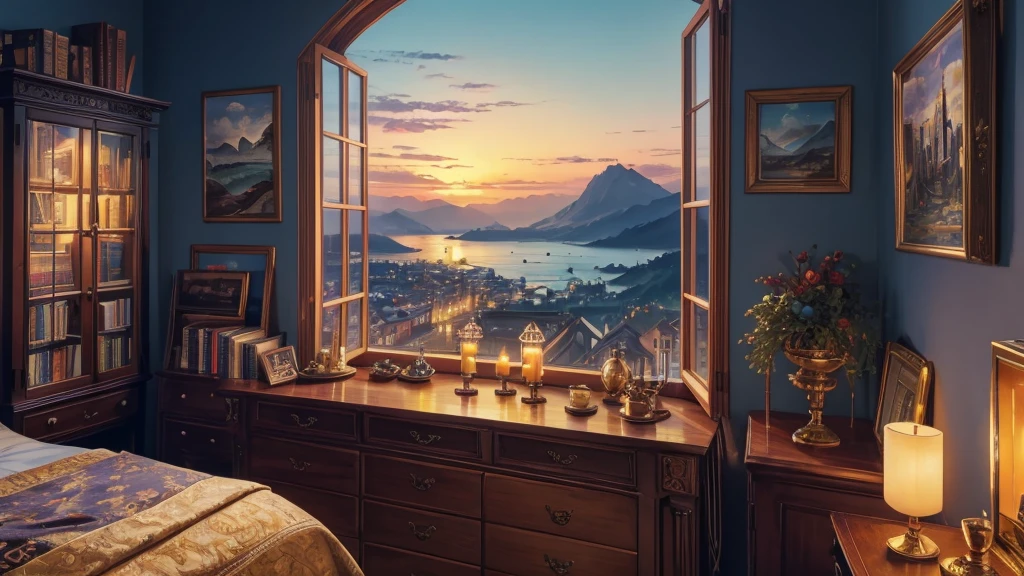 ((masterpiece)),((Highest quality)),((High Detail)), nobody, background, Great views from the large windows, Shelves lined with books, Watercolor, Painting on the wall, Chic furniture, Gold Element, Pot with branches,  crystallization, Chest of drawers, A sideboard with a variety of books, cooking, dream catcher, Neon Garland, Colorful wreath, highlight, Great interior, View from the window, bridge, Ocean, Mountain々, sunset, Town, Neon Light, night, bed, sofa,  pillow, candlestick, Bright room, Lots of light