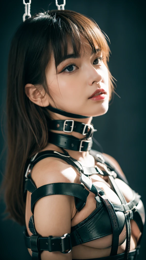 ((BDSM))、((Hanged:1.3))、((Tied Up:1.3)), Dark torture chamber、masterpiece, Highest quality, 8k, 1 person, 20 I, Looking into the camera, Ambiguous language, close, close up of face, alone, cute, like, delicate, Pure beauty, RAW Photos, Professional photography, Portraiture, Soft Light, Professional Lighting, Backlight, Looking forward to meeting you, Sophisticated, Film Grain, (Eye and facial details:1.0), Big breasts and long hair floating, bondage, collar,beautiful, Flowing Hair, Hunchback、bangs, whole body、(BDSM:1.5),(Leather Bondage:1.3),(Harness:1.5),(constrained:1.5),(woman'Hands tied:1.3),(鎖でHanged:1.5),(Restraint device:1.3),(Tied up with leather belts),(Tied Up動けない),(masochism:1.5),(eroticism),(Both armpits are visible:1.5),(Place your hands behind your head:1.5),(Leather panties:1.3)