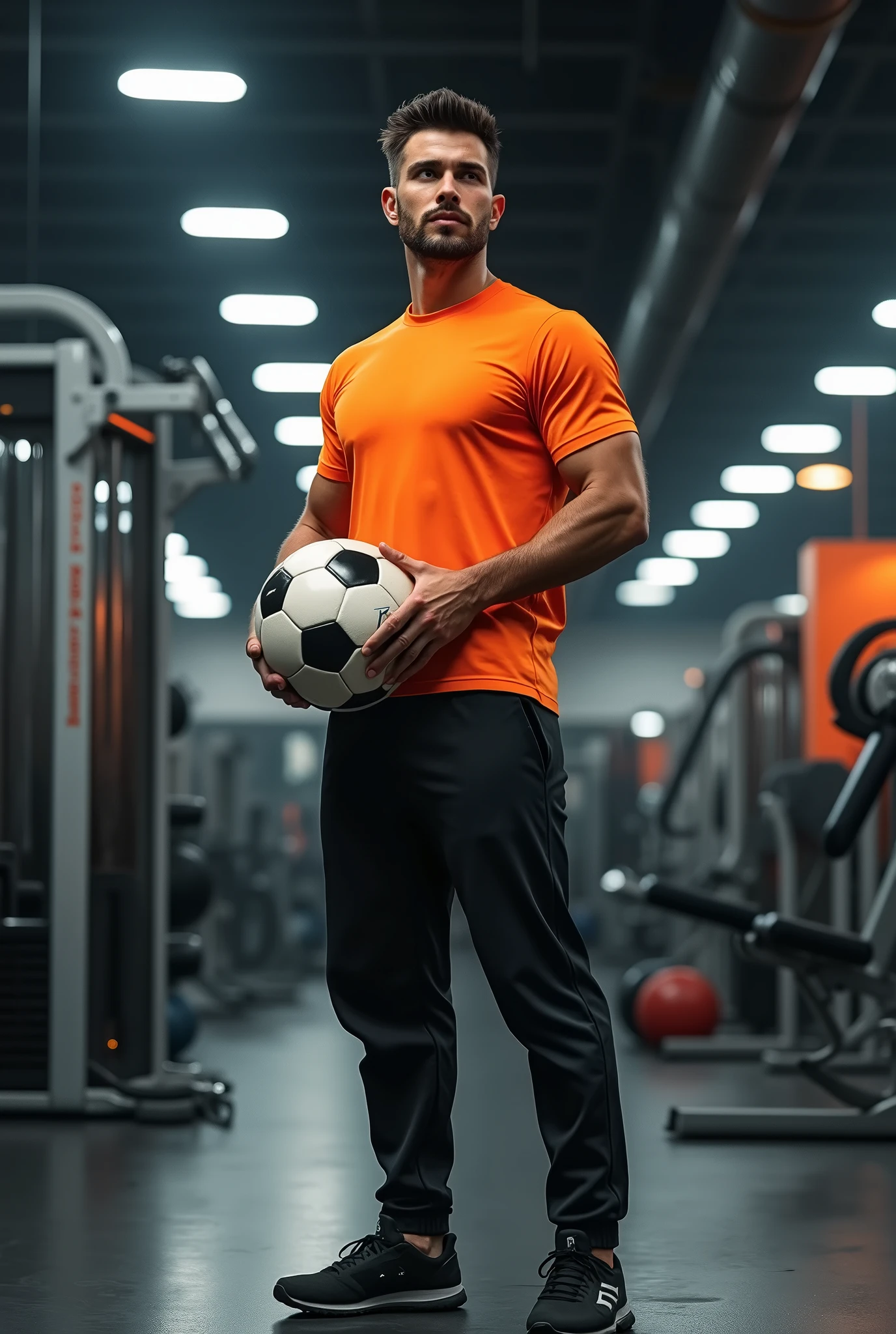 a man wearing black pants and orange shirt ,standing in front of fitness equipment inside a shop, looking ahead, holding a soccer ball, photorealistic, dynamic lighting, highly detailed, 8k, best quality