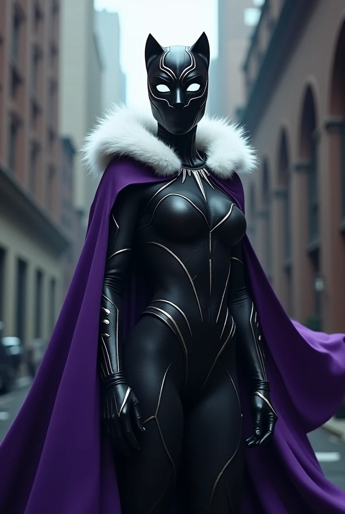 1 woman, superhero, black panther, full-face mask, white eyes, dark violet cape, white fur collar
