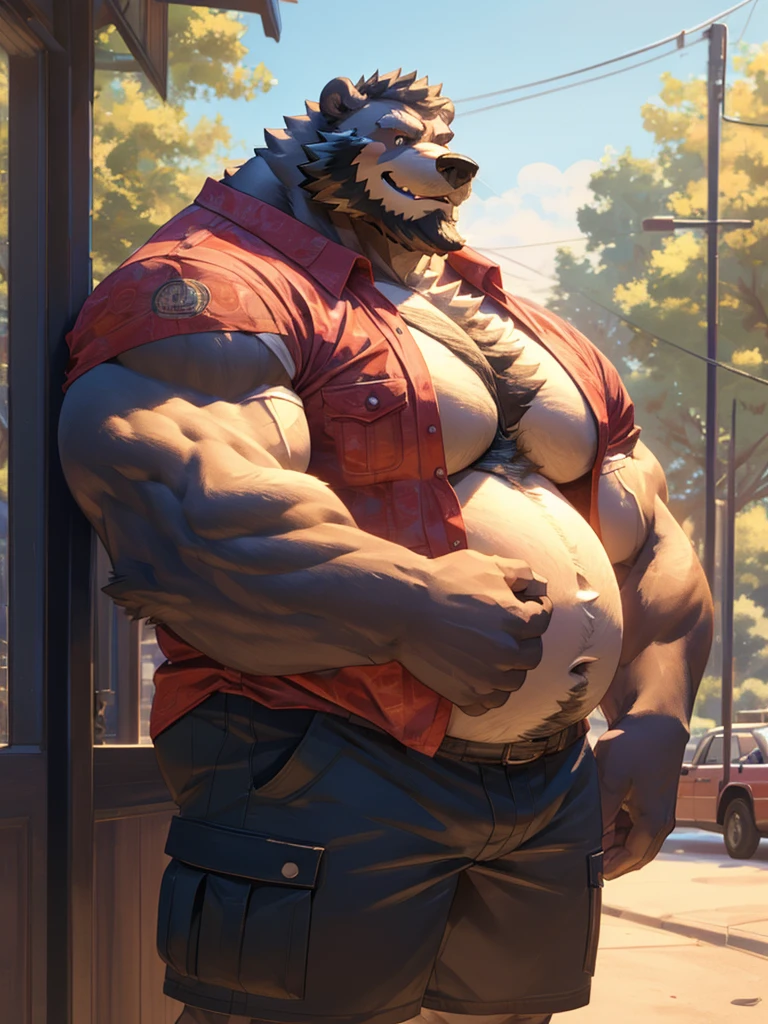 1boy, 1man, solo, a potrait (furry grizzly bear ), (face:1.3, detailed face, bearded, beard, thick mustache), chubby, fat belly, huge belly, Park, extremely huge muscular, massive muscular , (shirts and cargo shorts), well-muscled old man. ((extremely muscle size, super thick arms, huge pec, hyper pec, bigger chest, extremely wide pectoral , huge arms)), wide smiling. Add textures and details to make the image more realistic, such as the appearance of the. Make sure the resulting image is high resolution, 8K quality