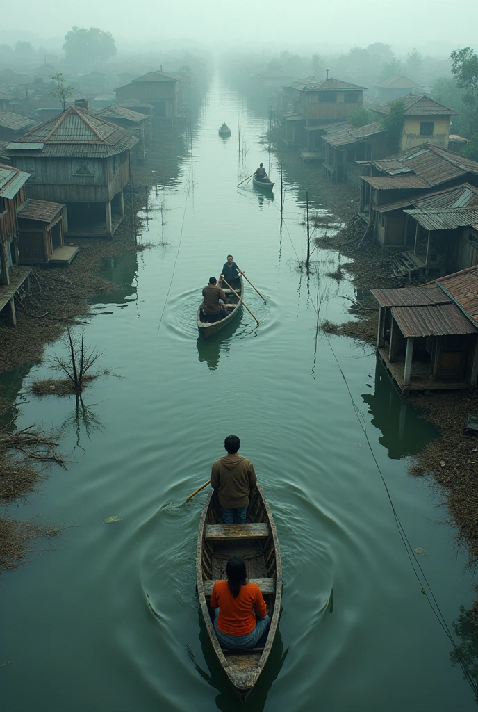 Floodwaters have submerged entire villages and some people are going by boat above the water all around seeing by drone full village