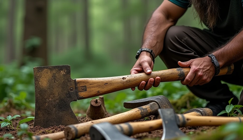 Ramoo discovering an old, wooden axe while chopping wood. The wooden axe is plain and simple, contrasting with the golden and silver axes