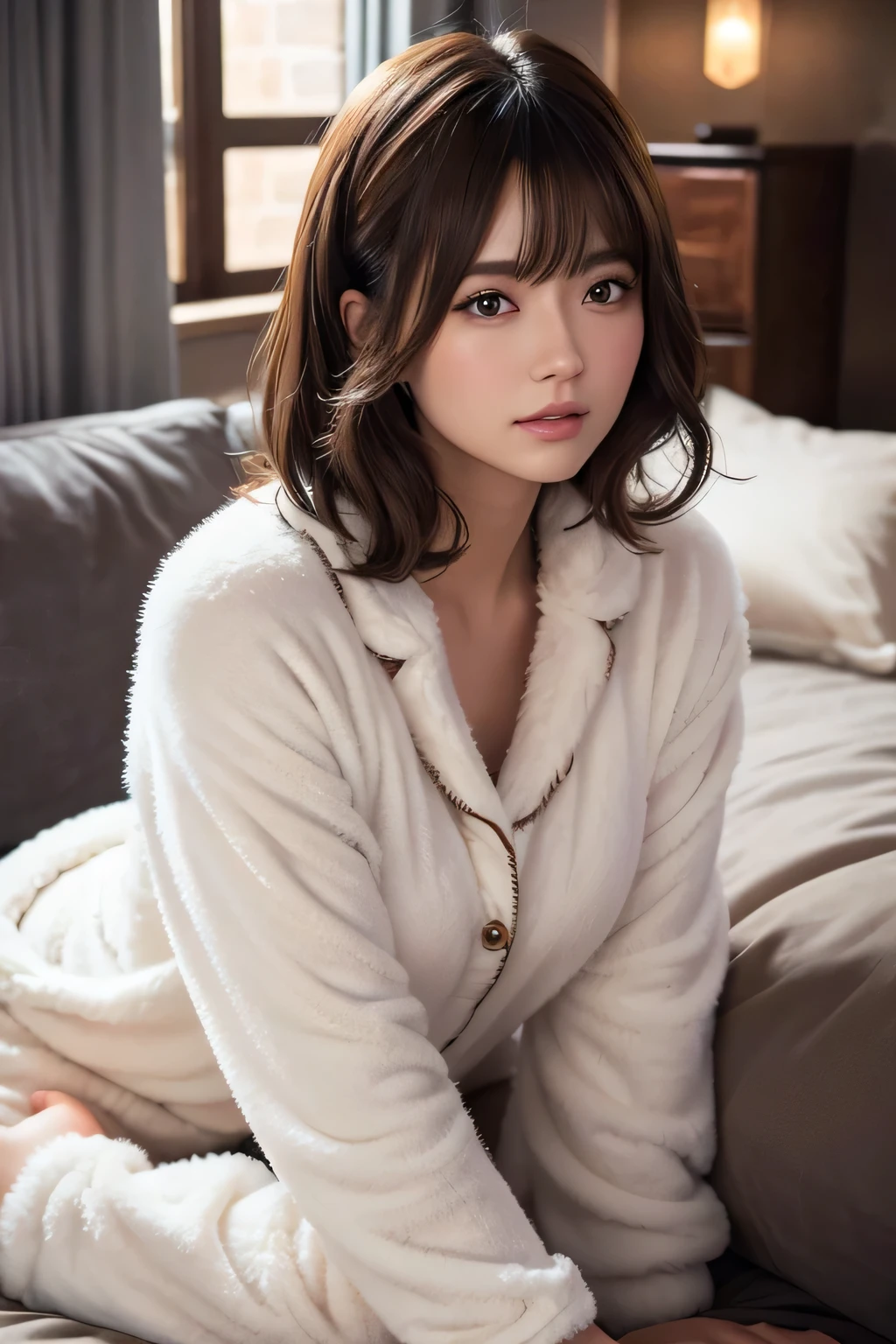 full body portrait a fluffy, fuzzy, furry pajama, soft and cozy, detailed facial features, beautiful eyes and lips, high quality, intricate details, cinematic lighting, warm color tones, photorealistic, 8k, masterpiece
