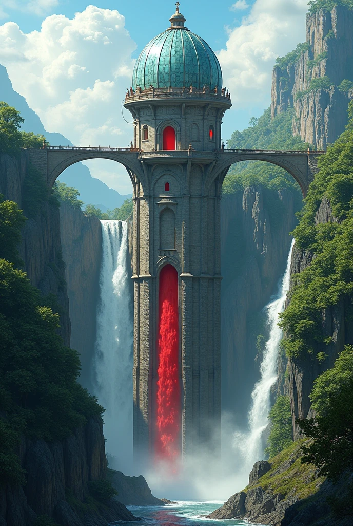 High tower,Mediovale, glass dome, between two waterfalls, red waterfall.bridge on high.