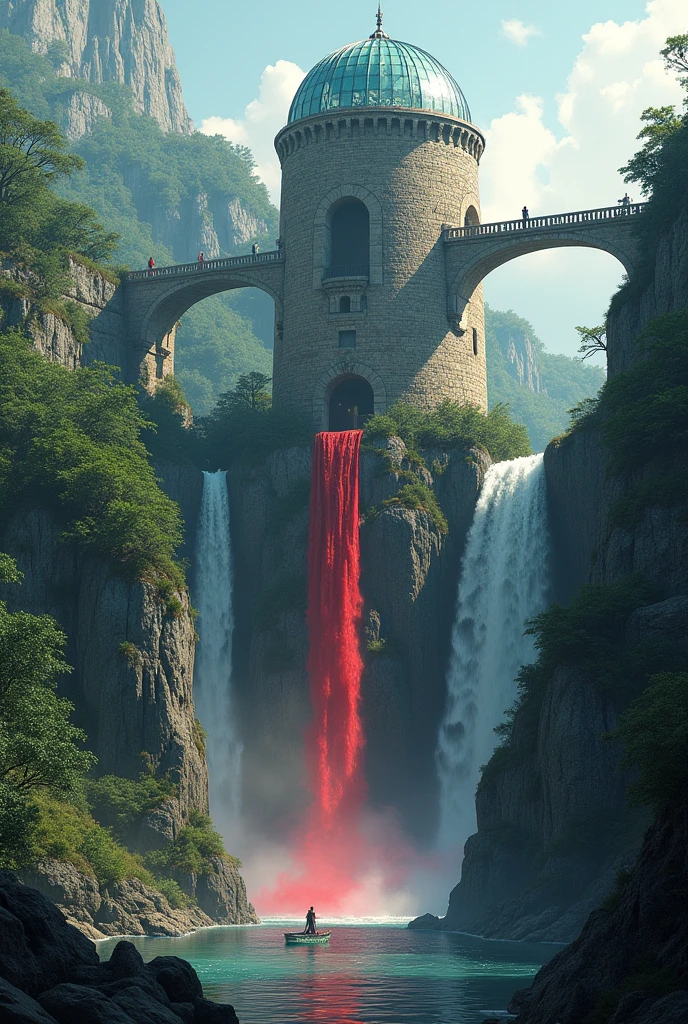 High tower,Mediovale, glass dome, between two waterfalls, red waterfall.bridge on high.