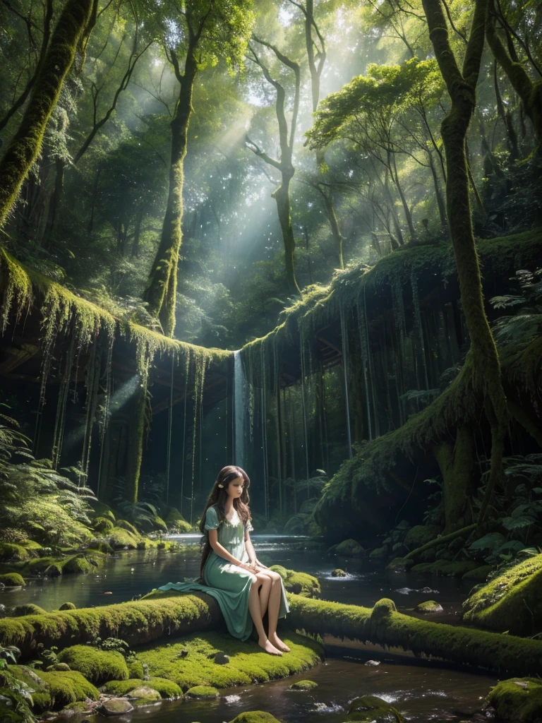 a young girl sitting on a mossy log in a tranquil forest, sunlight filtering through the dense canopy, casting soft, dappled light on her, large, luminescent wings gracefully soaring above the treetops, surrounded by birds and a clear blue sky in a dream bubble above her, vibrant and magical scene inside the bubble contrasting with the calm, earthy tones of the forest, blend of serenity, wonder, and the longing to break free and explore the skies, (best quality,4k,8k,highres,masterpiece:1.2),ultra-detailed,(realistic,photorealistic,photo-realistic:1.37),extremely detailed eyes and face, beautiful detailed lips, longeyelashes, portrait, fantasy, natural lighting, lush forest, magical realism, vivid colors