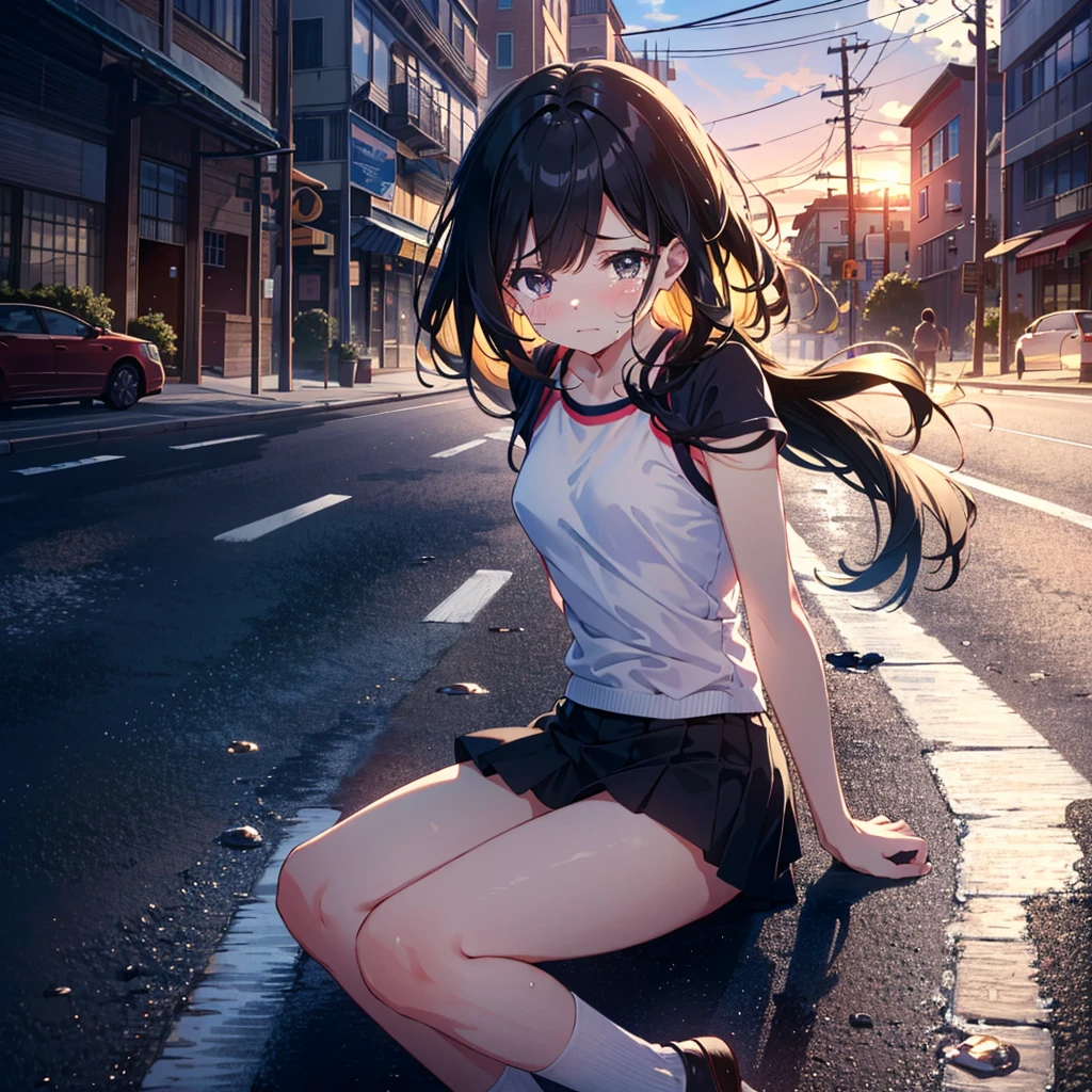 {{{Masterpiece, highest quality, high-resolution background}}}, bright and beautiful atmosphere, 1 girl (, round face, baby face), small breasts, girl falling on the road, half-crying expression, leg exercise sitting , miniskirt, white underwear, "deltamon_sdXL :0.73)>Deltamon