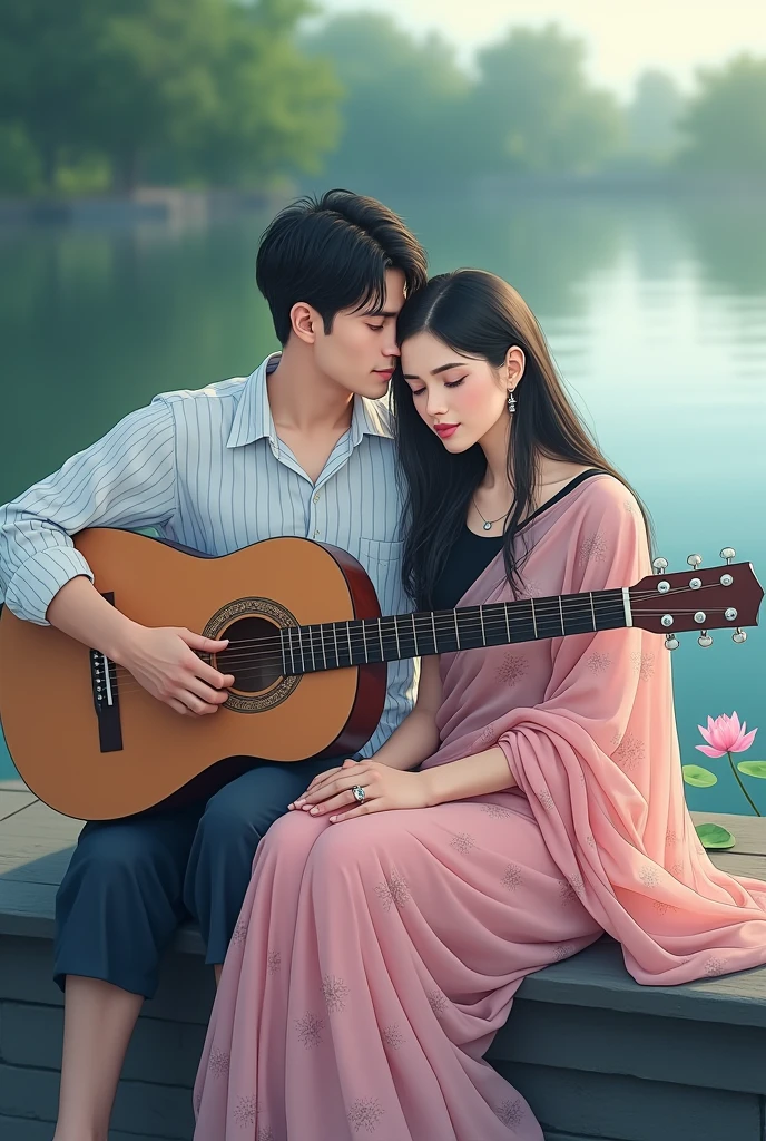 (Photo of backside) (anime photo) A man and woman sitting next to a lake, man playing guitar, woman wearing baby pink georgette shari, printed shari,black blouse, long hair, woman's head on man's shoulder, man wearing a white shirt with thin horizontal blue stripe, lotus in lake