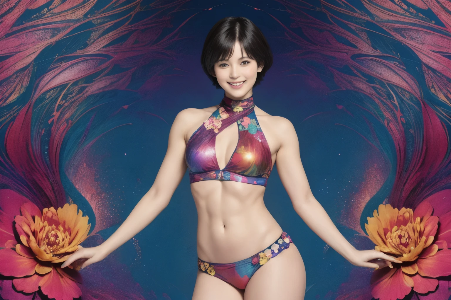 275 (20-year-old woman,Short Hair), (aesthetic:1.1), (Fractal Art:1.2), (flower), whole body, (Abstract background:1.3), (Many colors:1.4), (Archaic Smile), Abdominal muscles, (Wave)