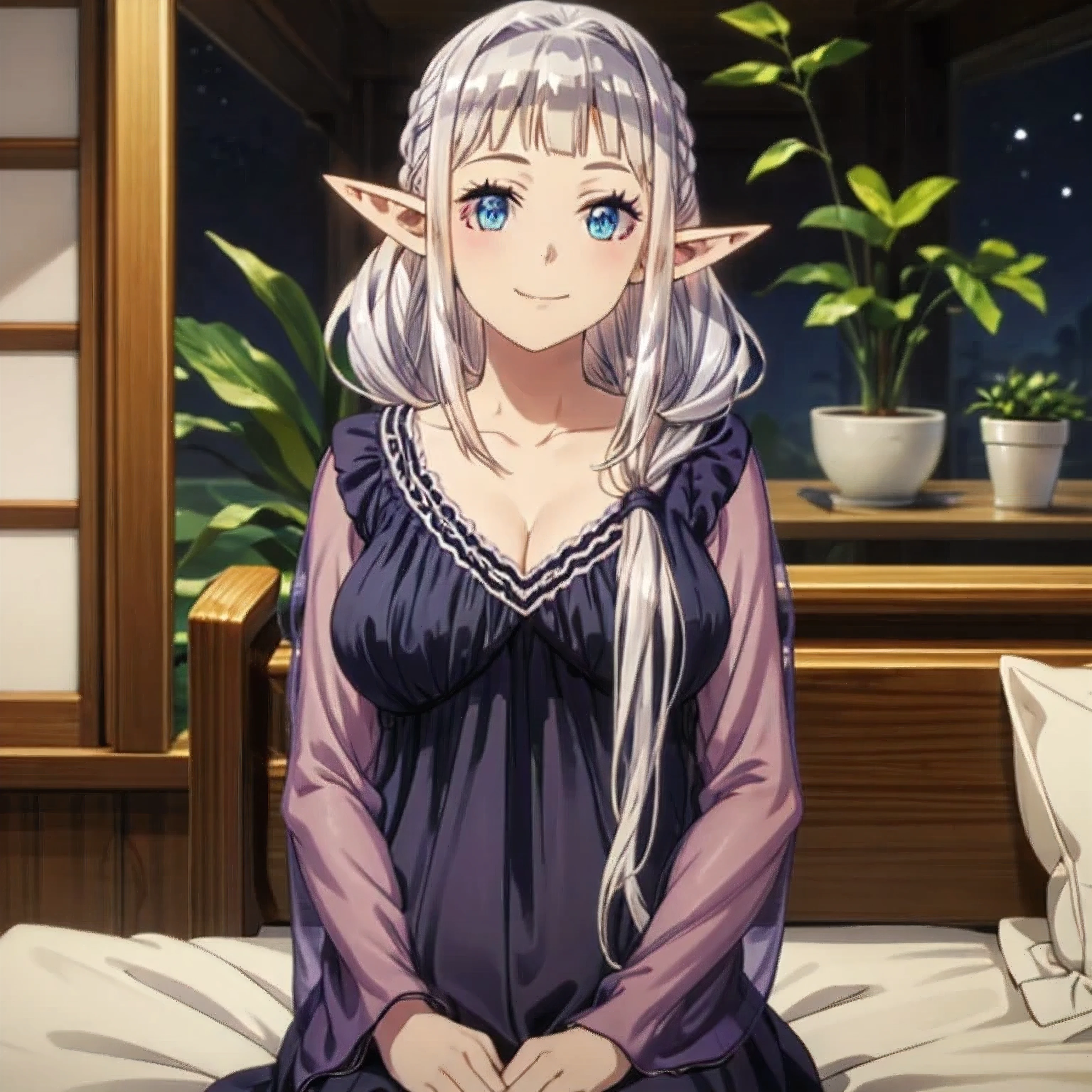 best quality, masterpiece, highly detailed, ruu rurushi, 
light smile, closed mouth,
grey hair, long hair, blue eyes, pointy ears, (hair over shoulder:1.4),
nightgown, purple dress, medium breasts, upper body,
sitting, on bed, looking at the viewer,
indoors